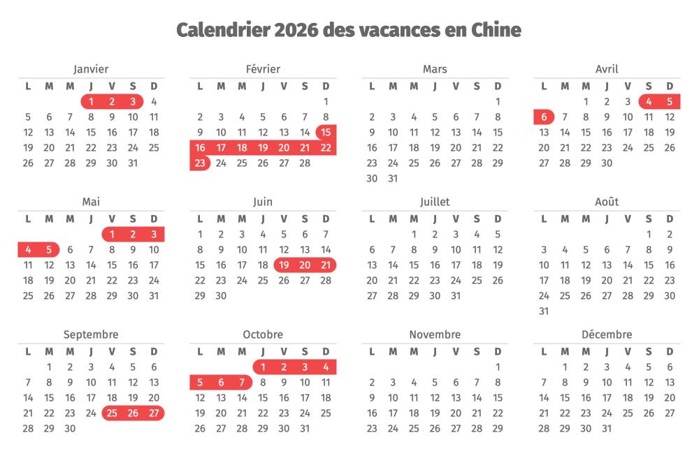 Calendrier 2026 des vacances en Chine