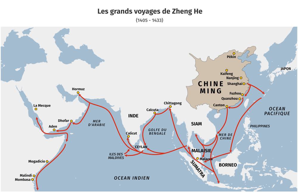 Carte des grands voyages de Zheng He jusqu'en Asie et Afrique