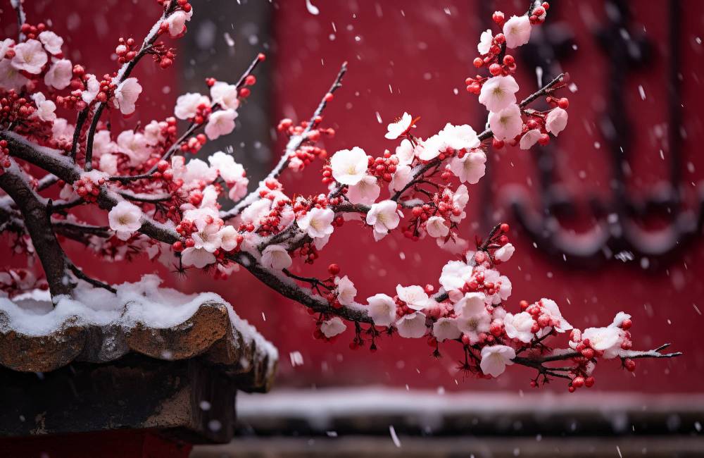 Cerisier en fleur sous la neige