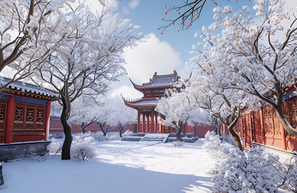 Temple sous la neige en Chine