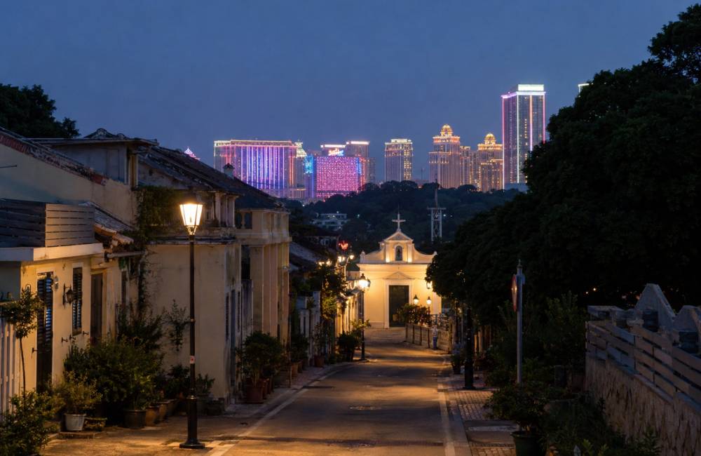 Casinos de Cotai vus depuis une rue de Coloane