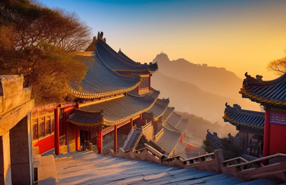 Lever de soleil sur des b&acirc;timents anciens sur le Mont Tai, Shandong