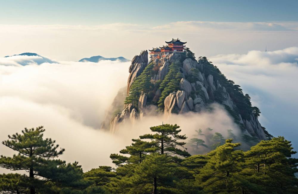 temple au sommet d'une montagne en Chine