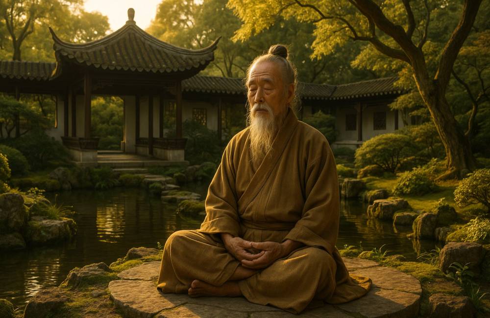 Vieux sage chinois m&eacute;dite dans un jardin en Chine
