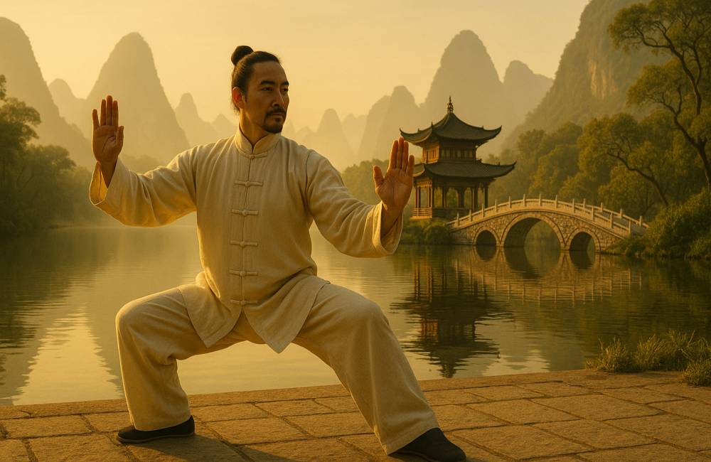 Homme chinois pratique le Tai Chi dans un paysage idyllique en Chine