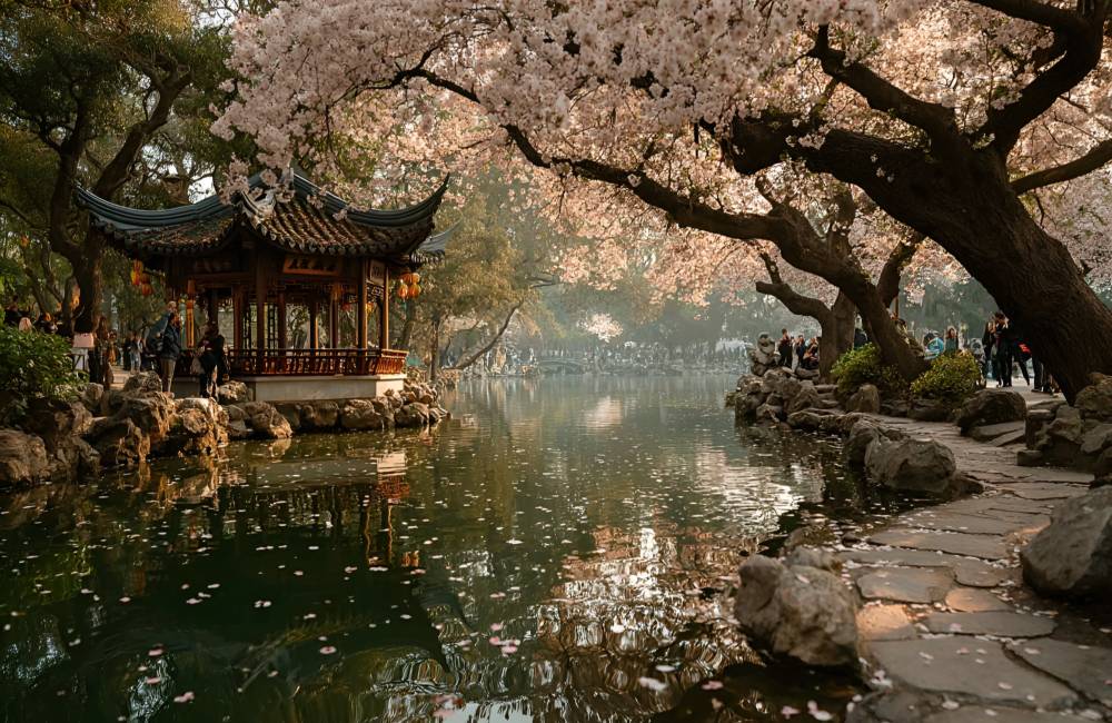 Cerisiers en fleurs, pavillon chinois, lac