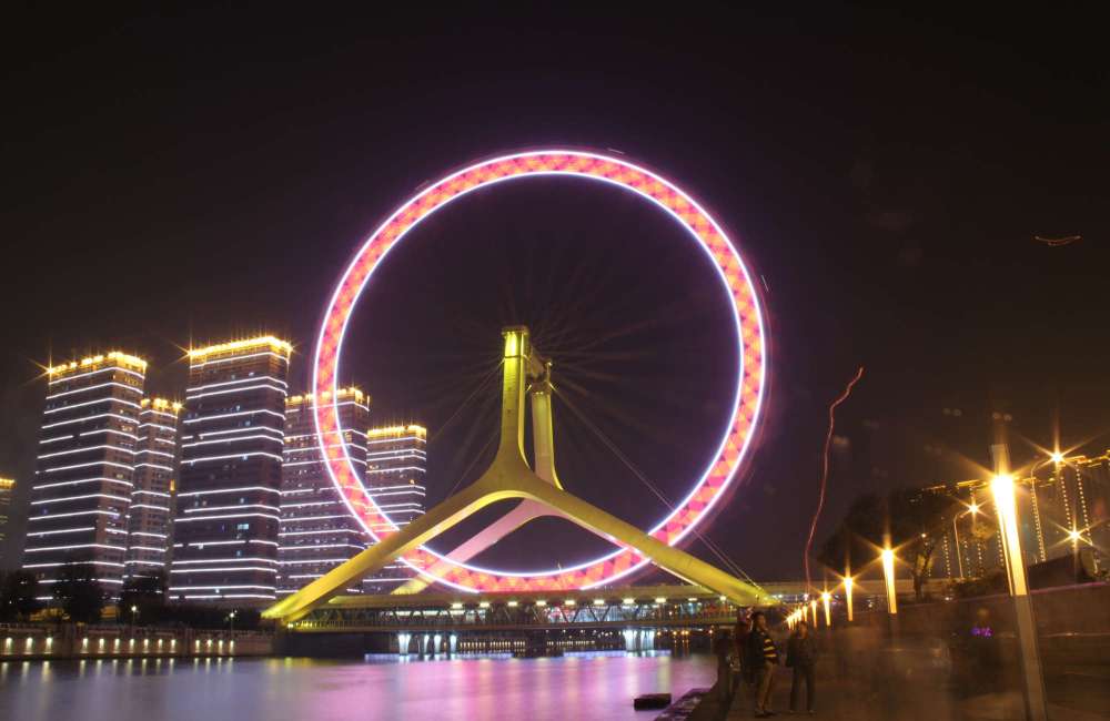 grande roue, oeil de Tianjin, rivière, nuit