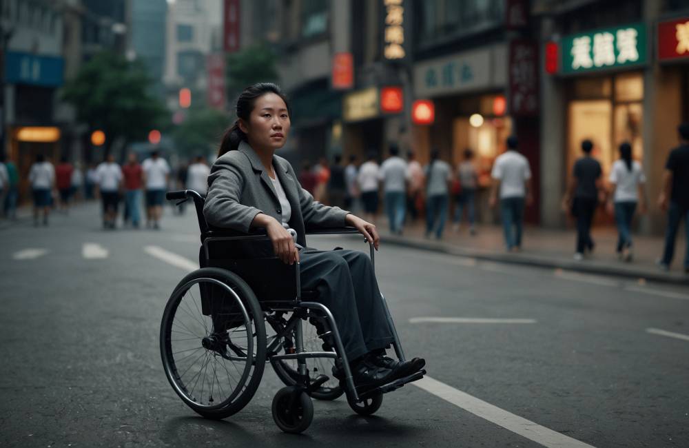 Femme en fauteuil roulant dans les rues de Shanghai