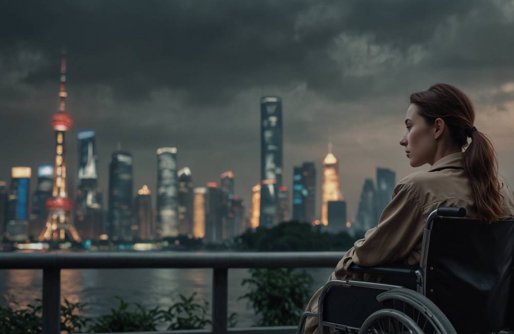 Femme regarde le Bund de Shanghai en fauteuil roulant