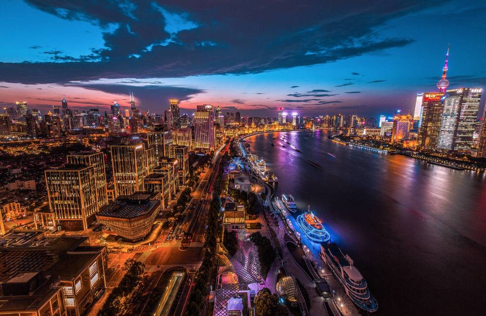Puxi, Pudong et le fleuve Huangpu la nuit, Shanghai