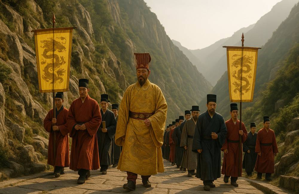 Empereur chinois accomplissant le Fengshan sur le Mont Tai