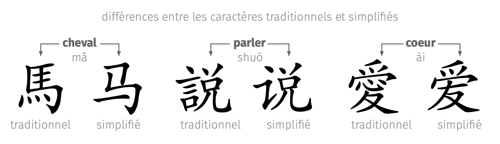 Exemples de diff&eacute;rences entre caract&egrave;res traditionnels et simplifi&eacute;s