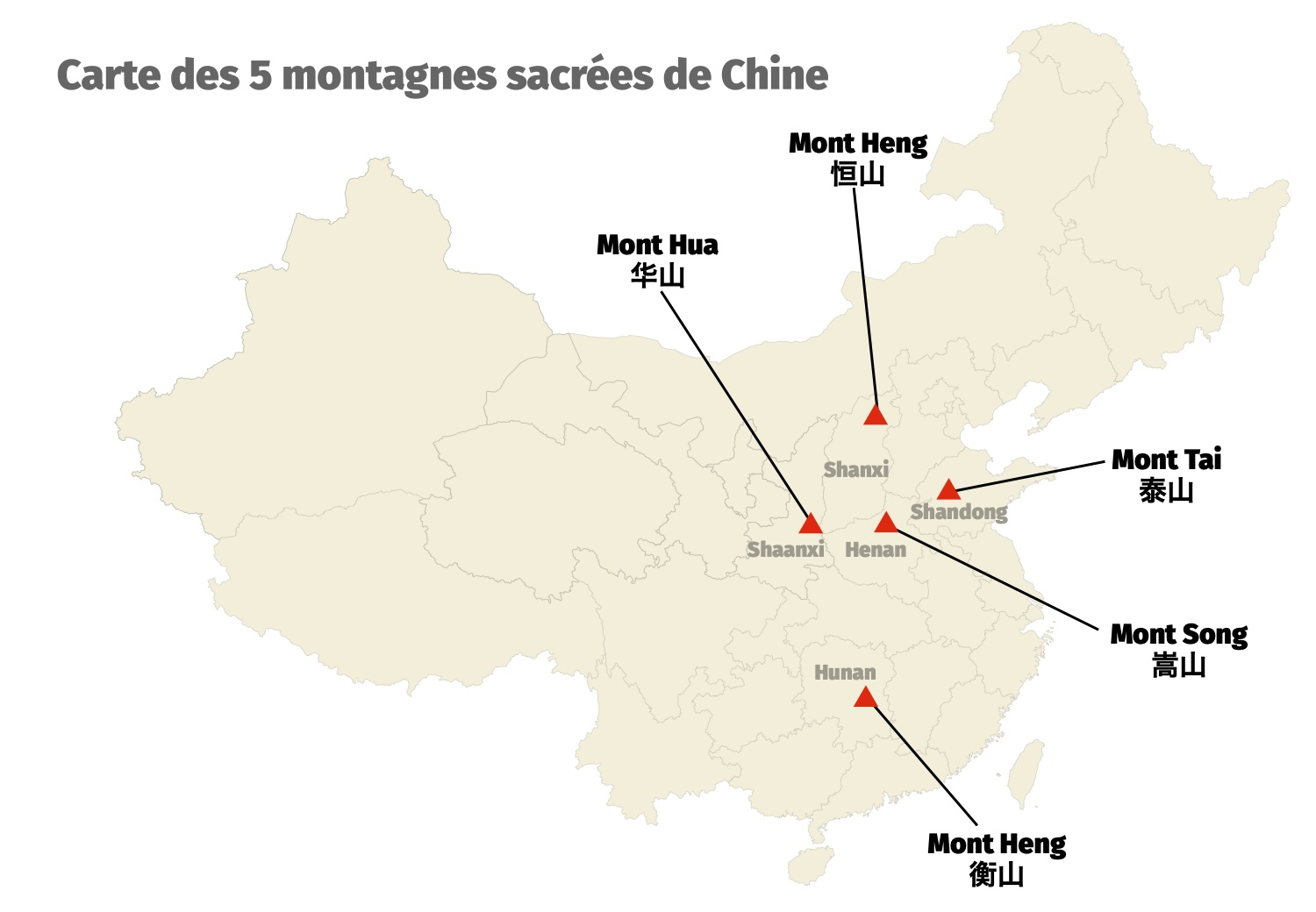 Carte des 5 montagnes sacr&eacute;es de Chine
