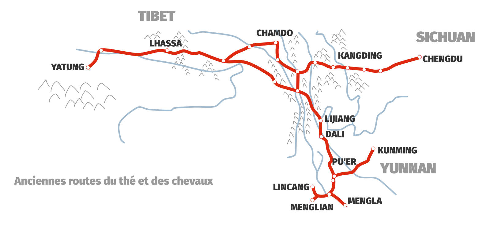 Carte des anciennes routes du th&eacute; et des chevaux, entre le Yunnan, le Sichuan et le Tibet