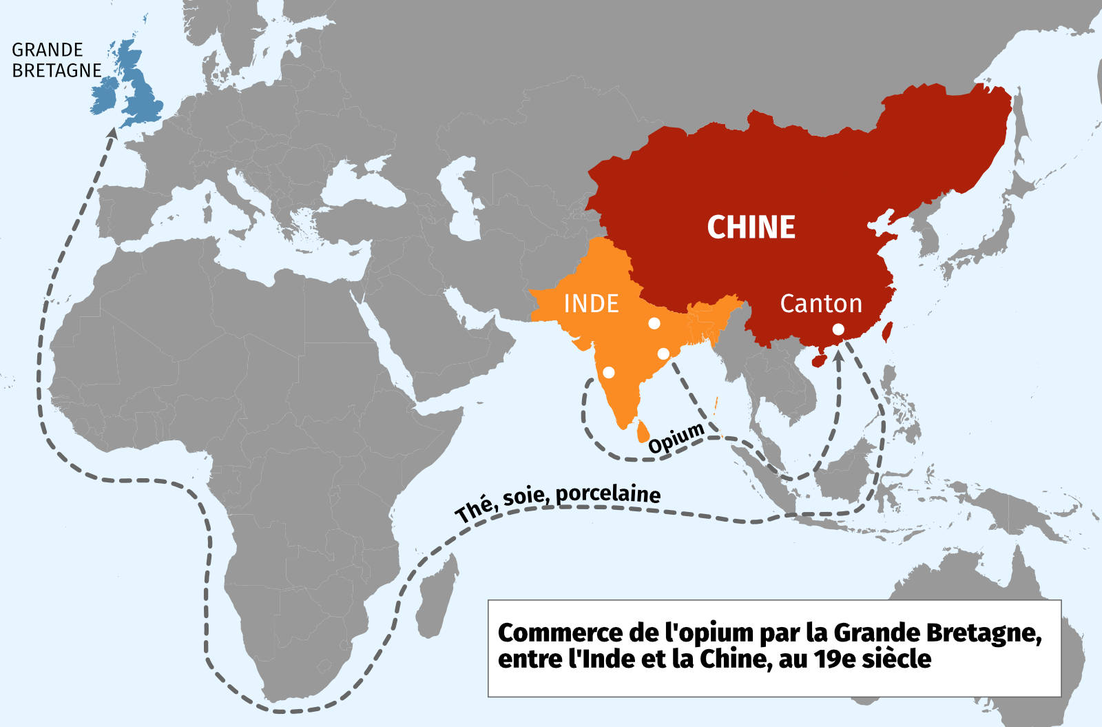 Carte du commerce de l'opium par la Grande Bretagne, entre l'Inde et la Chine, au 19e si&egrave;cle