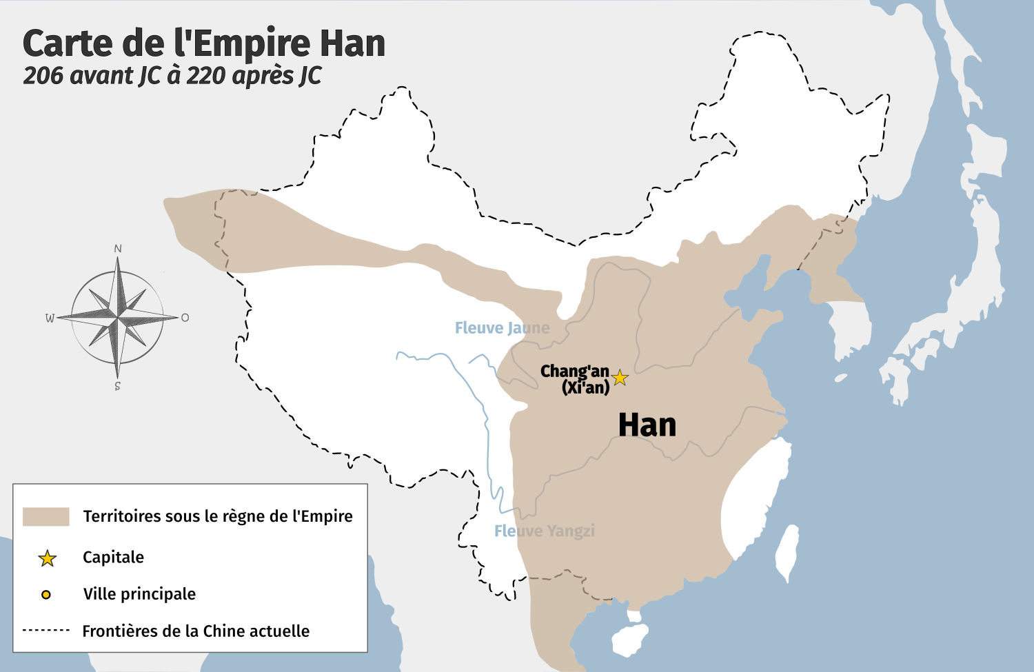 Carte de l'empire Han (206 avant JC &agrave; 220 apr&egrave;s JC)