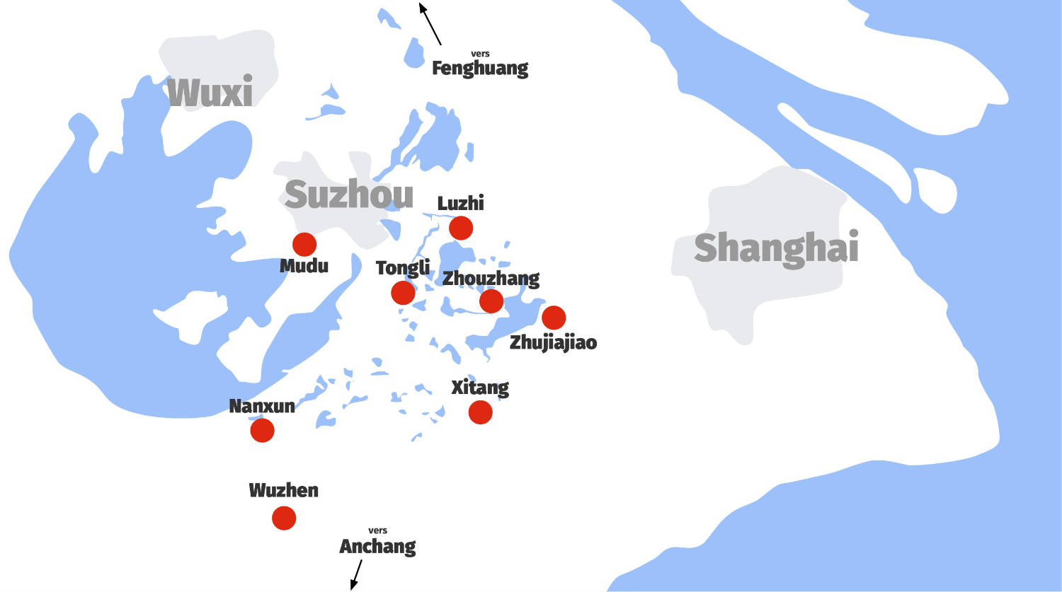 Carte des villes d'eau entre Shanghai et Suzhou