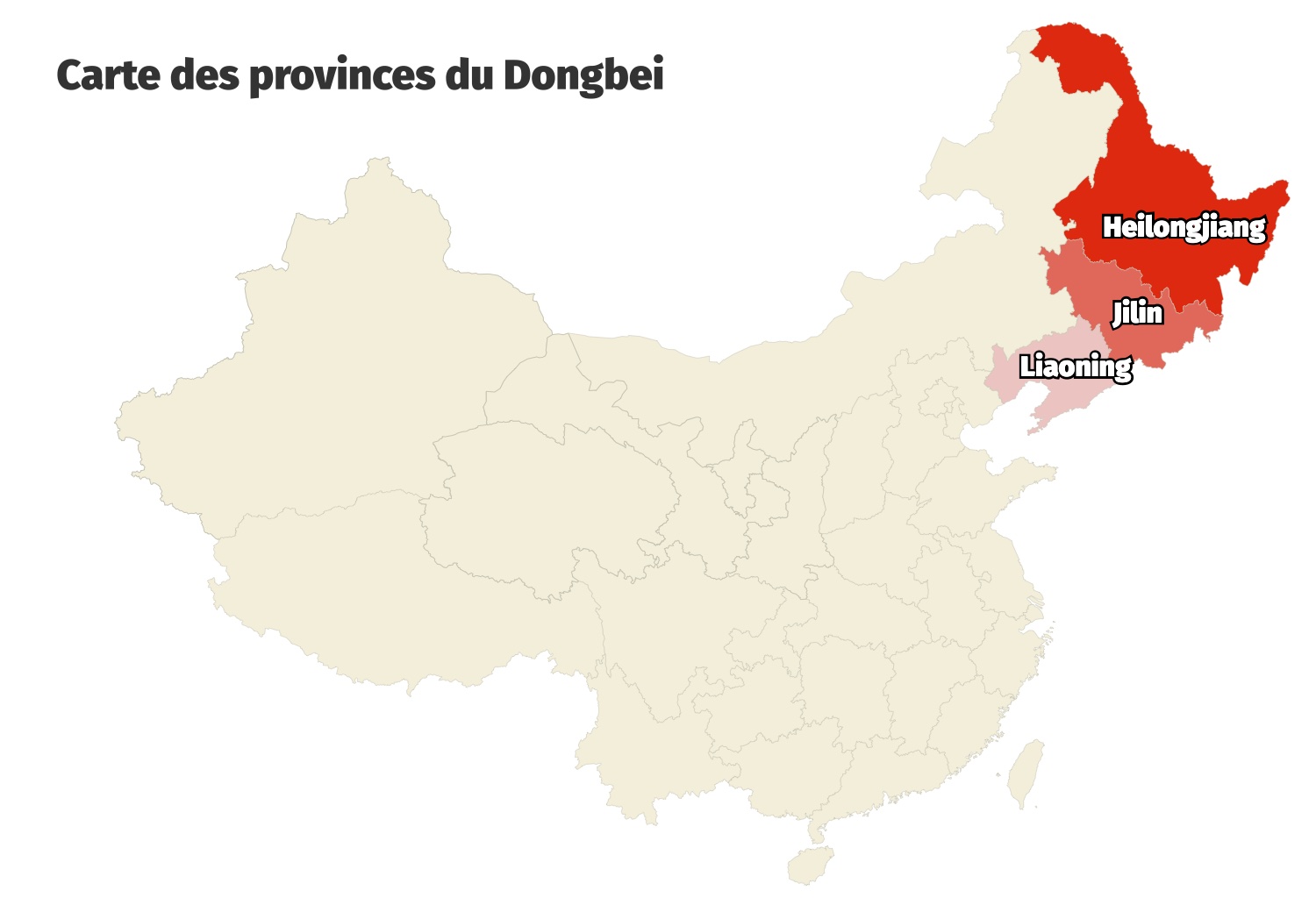 Carte des 3 provinces formant la r&eacute;gion du Dongbei au Nord-Est de la Chine