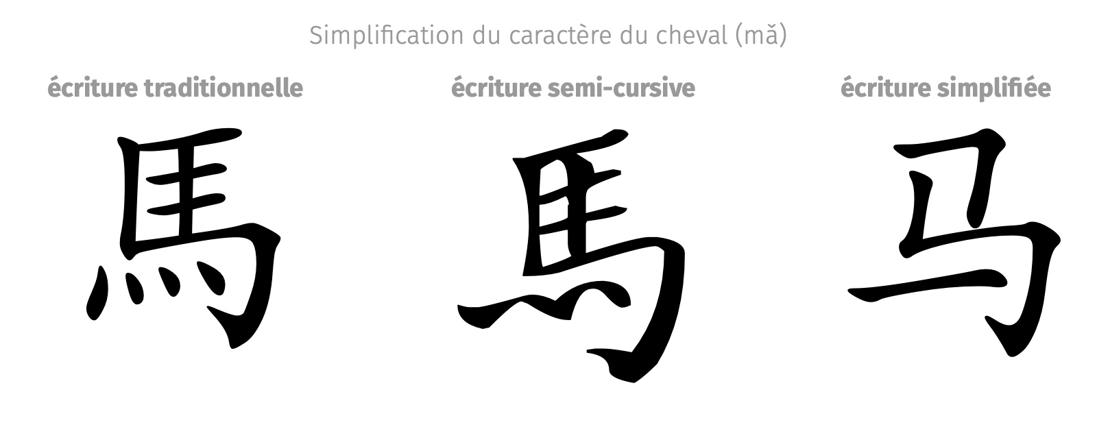 Ecriture traditionnelle, semi-cursive et simplifi&eacute;e du caract&egrave;re du cheval