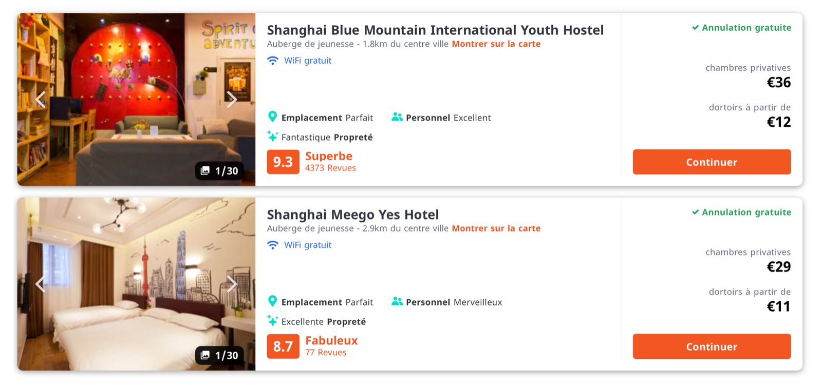 Exemples de prix pour une nuit dans une auberge de jeunesse &agrave; Shanghai