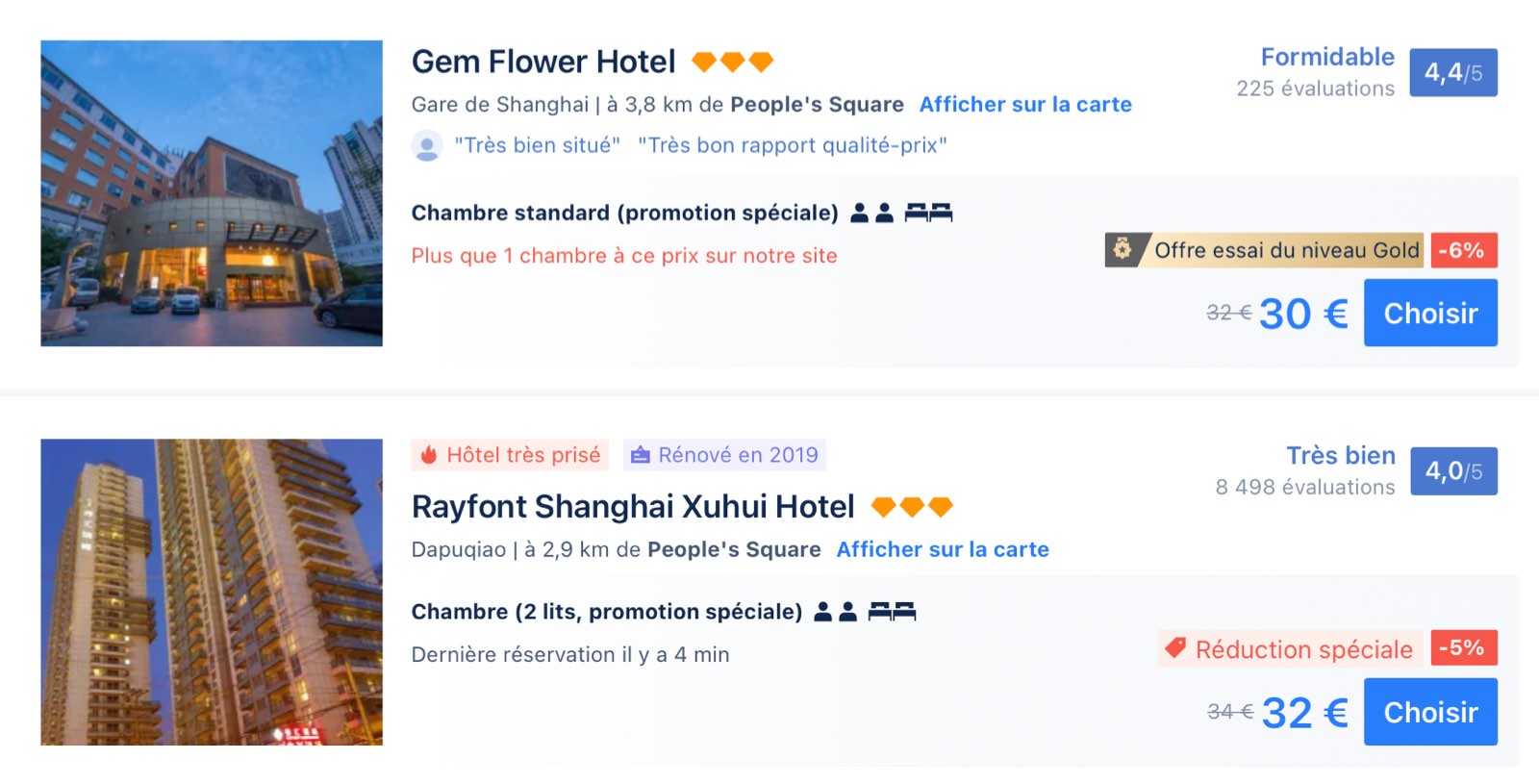 Exemples de prix pour une nuit dans un h&ocirc;tel 3 &eacute;toiles &agrave; Shanghai