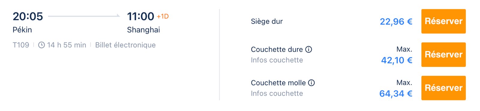 Exemples de prix pour un train couchette entre P&eacute;kin et Shanghai