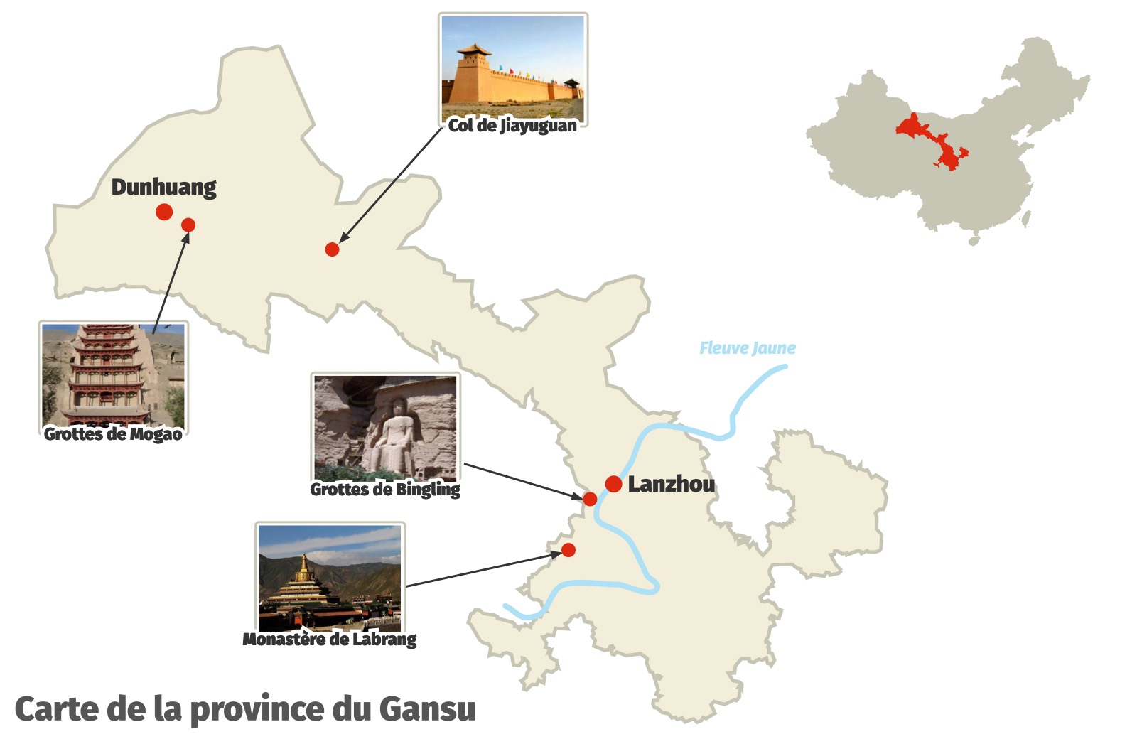 Carte des attractions touristiques du Gansu