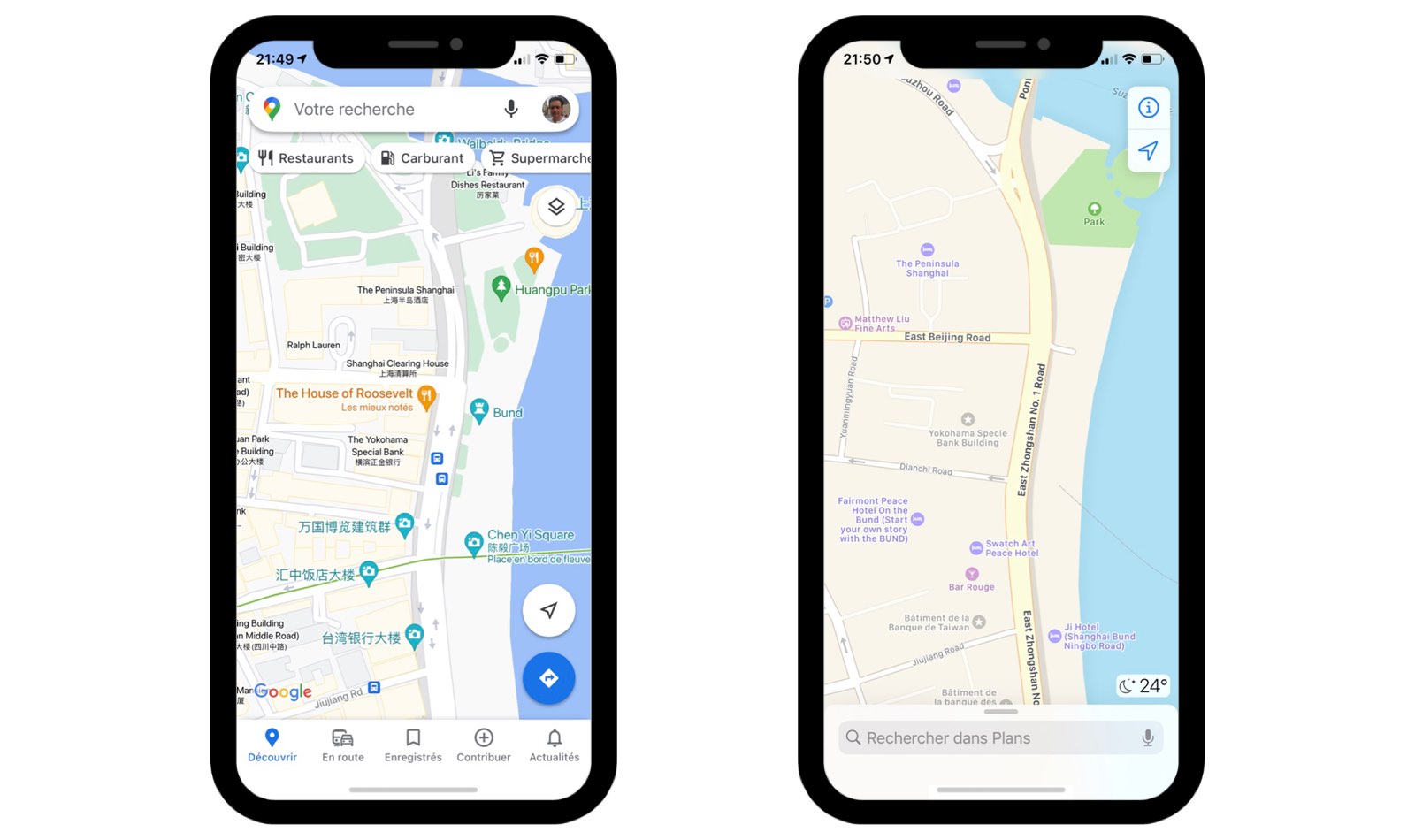 Comparaison entre Google Maps et Apple Plan &agrave; Shanghai