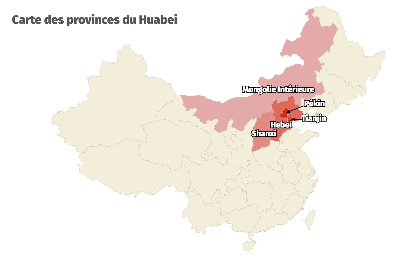 Carte des 3 provinces et 2 municipalit&eacute;s du Huabei, au Nord de la Chine