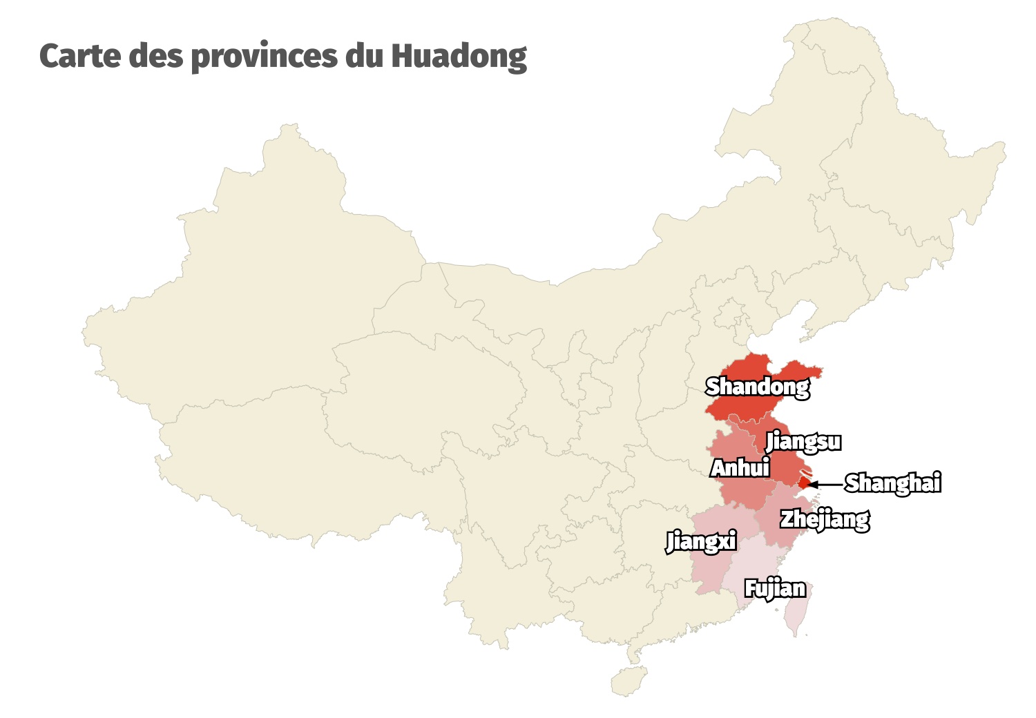 Carte des provinces formant la r&eacute;gion du Huadong au Centre de la Chine
