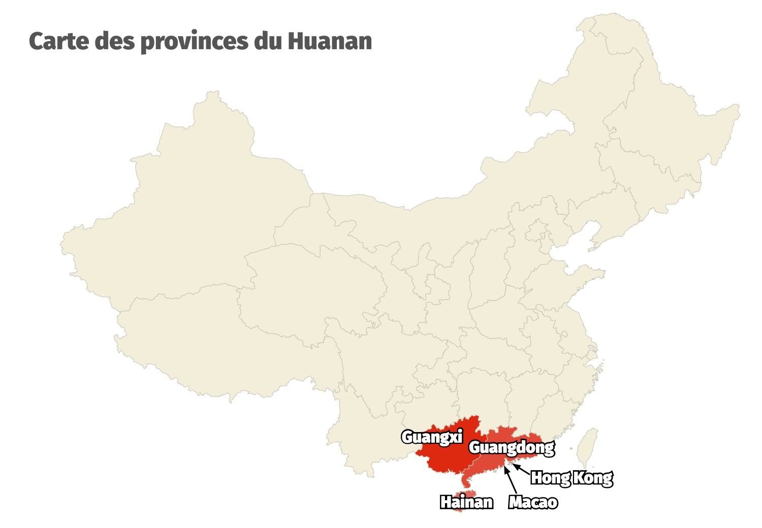 Carte des provinces formant la r&eacute;gion du Huanan, la Chine du Sud