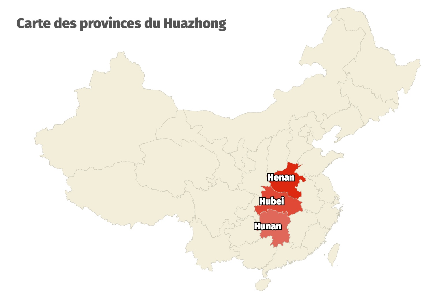 Carte des 3 provinces formant la r&eacute;gion du Huazhong au Centre de la Chine