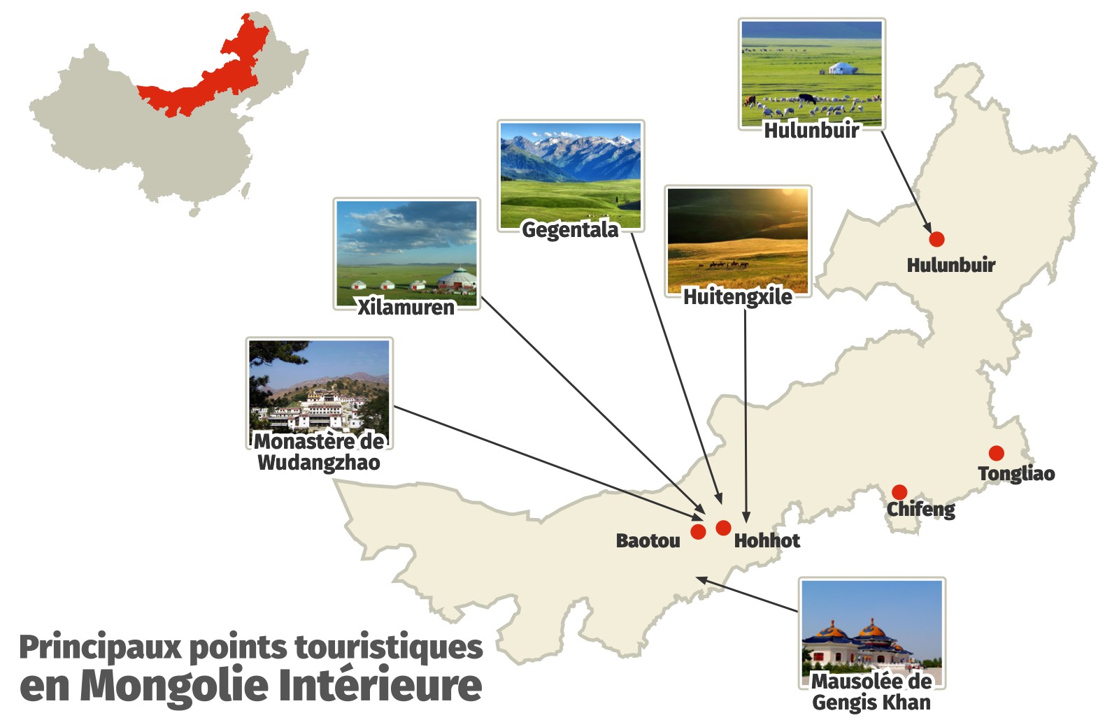 Carte des principaux points touristiques en Mongolie Int&eacute;rieure