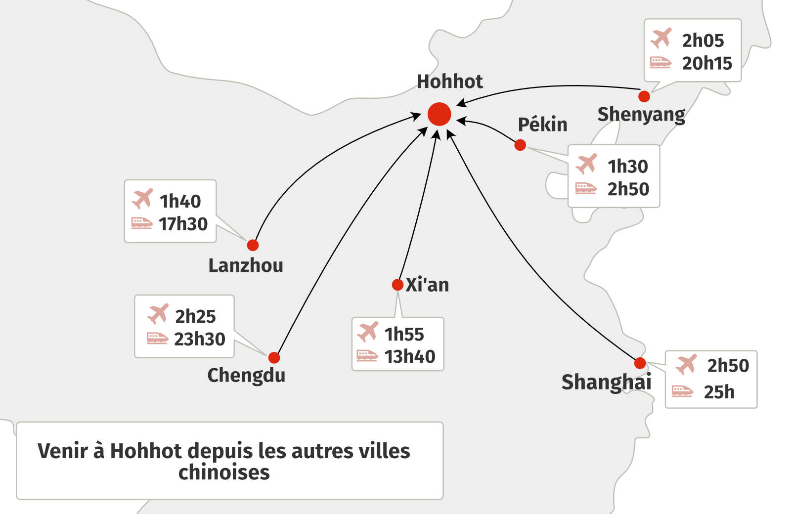 Carte comment venir en Mongolie Int&eacute;rieure depuis Pekin, Shanghai, Xi'an