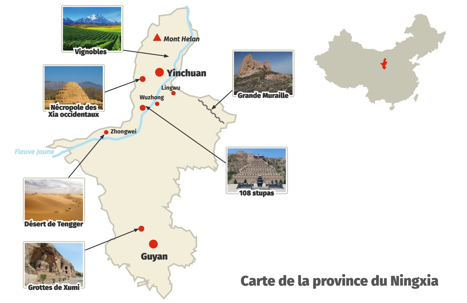 Carte des attractions touristiques du Ningxia