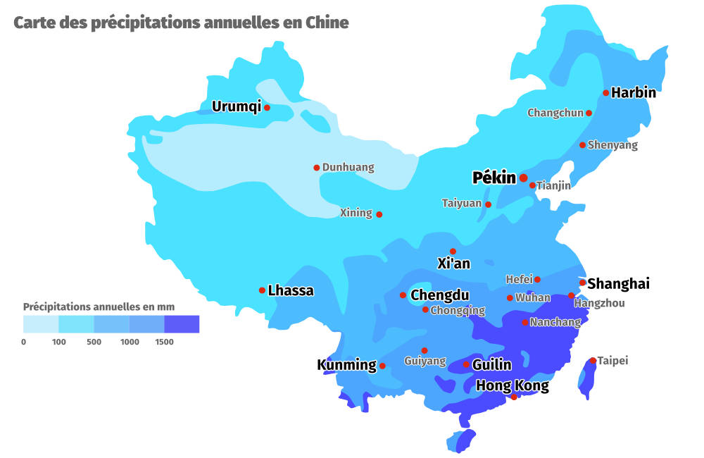 Carte des pr&eacute;cipitations annuelles en Chine