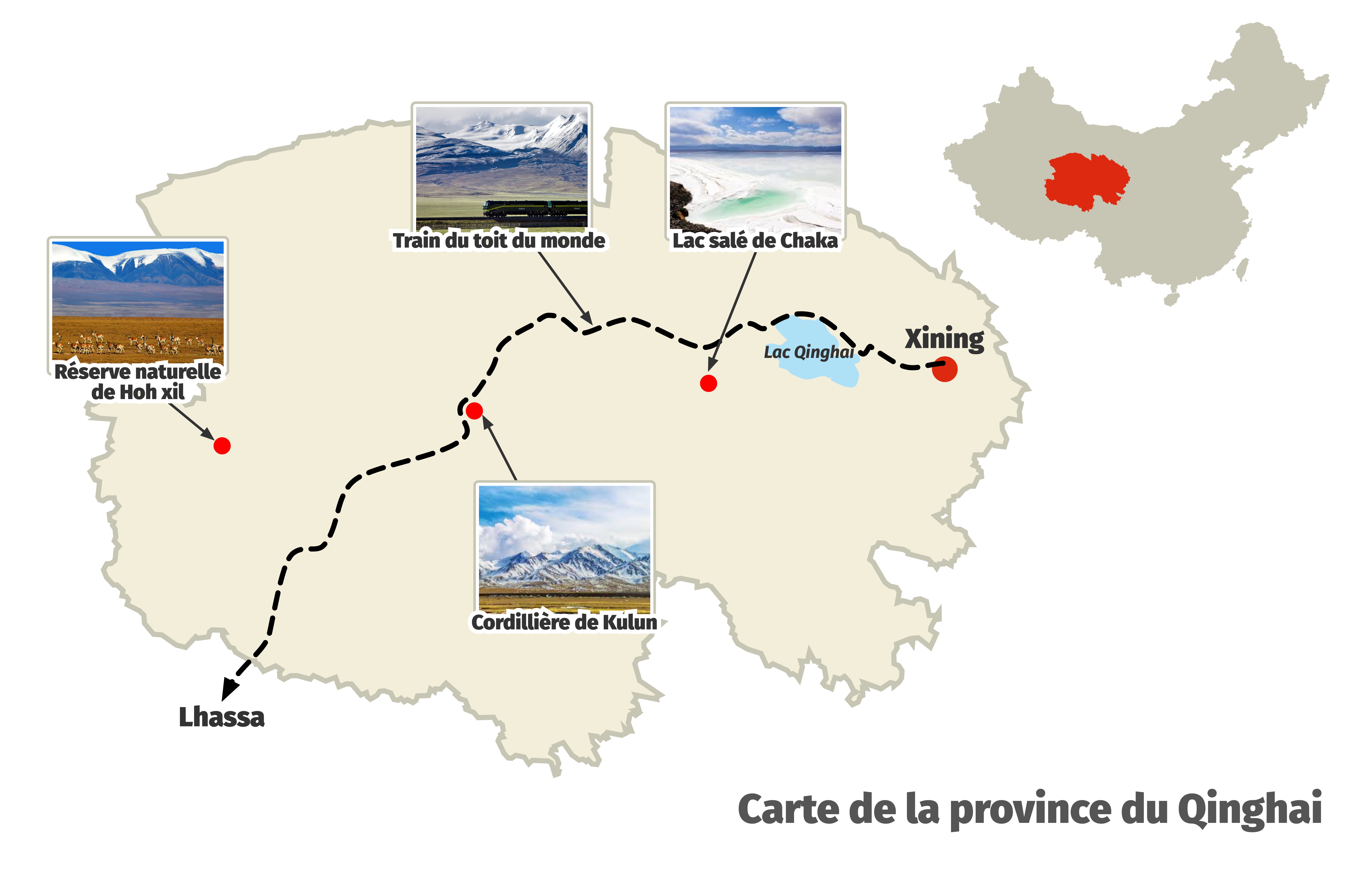 Carte des attractions les plus populaires du Qinghai