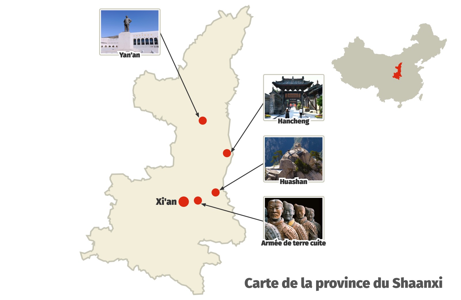 Carte des endroits &agrave; visiter dans la province du Shaanxi, Xibei, Chine