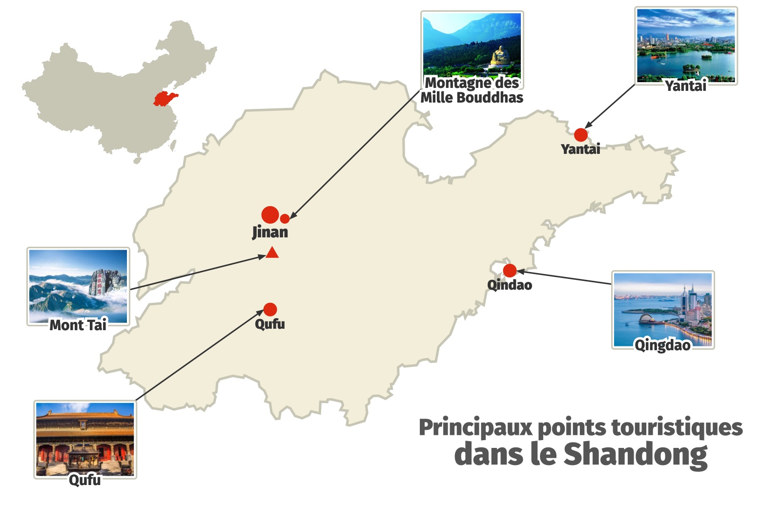 carte des principaux points touristiques du Shandong