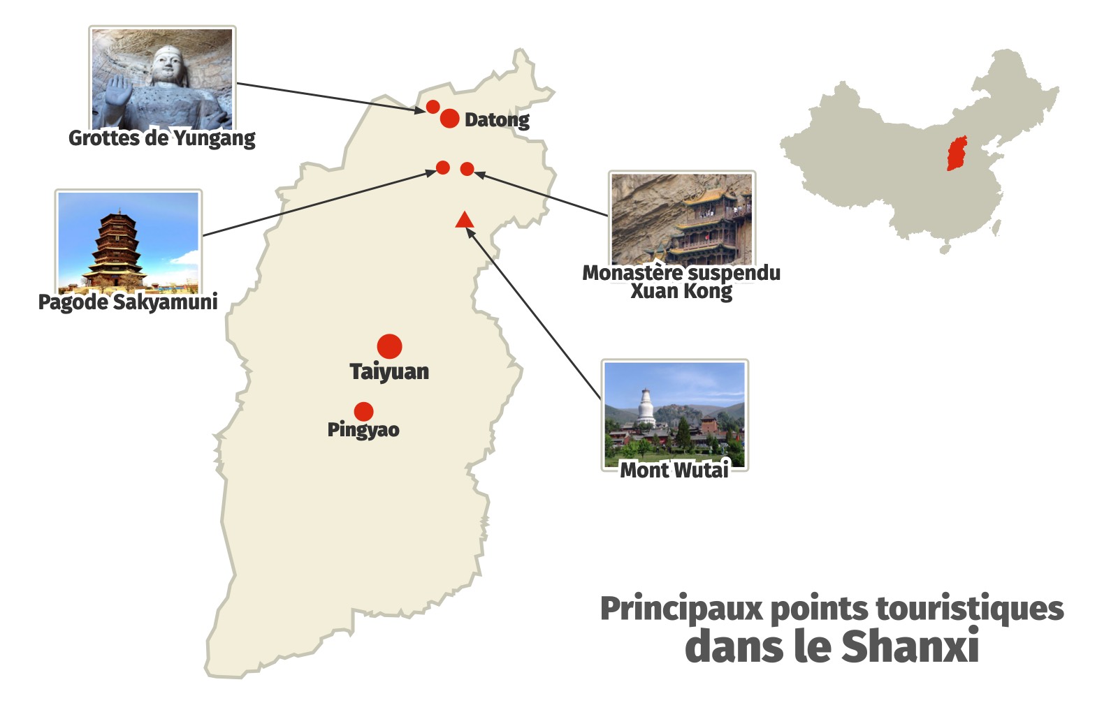 Carte des principaux points touristiques dans la province du Shanxi