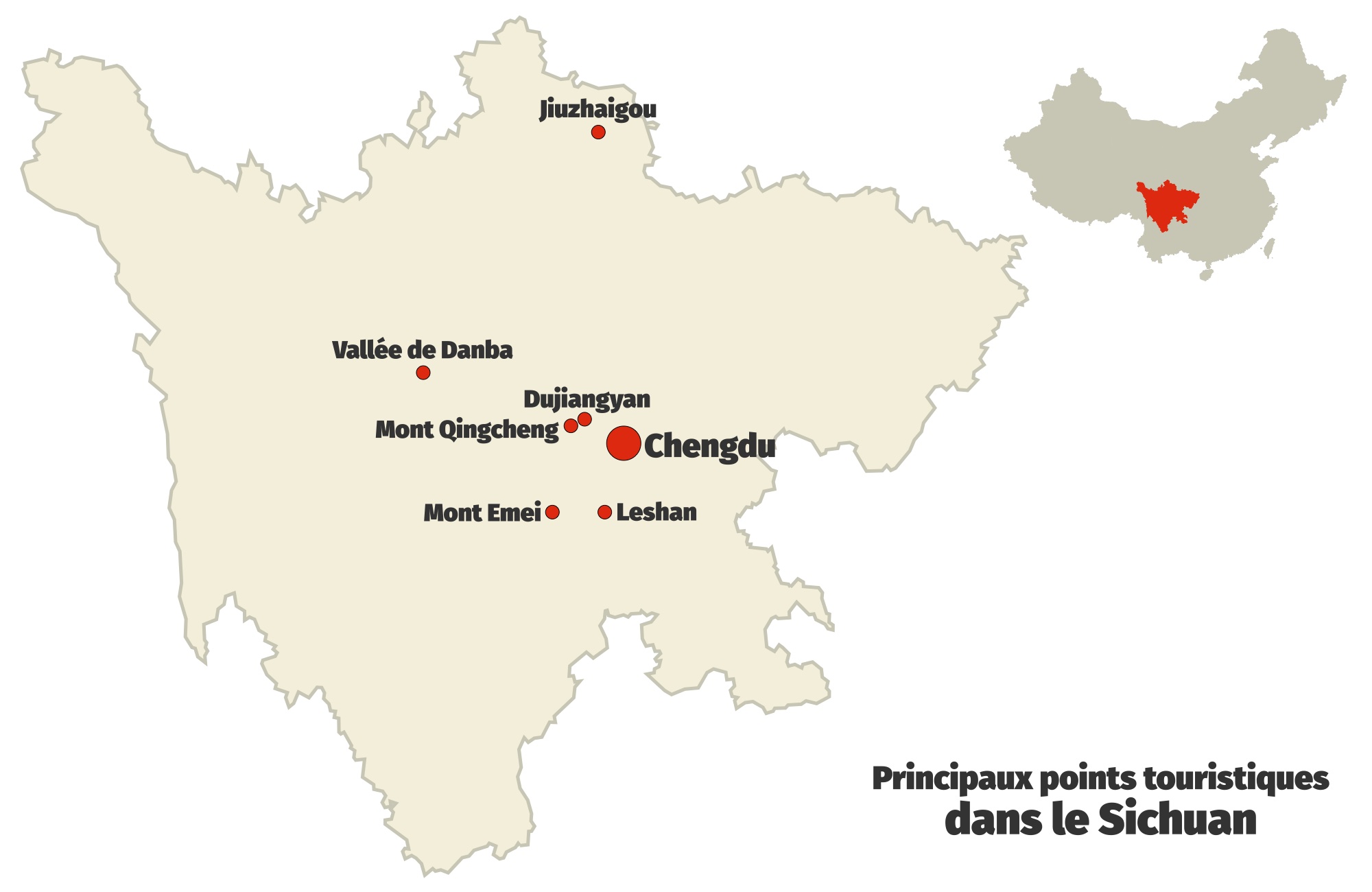 carte des principaux points touristiques du Sichuan