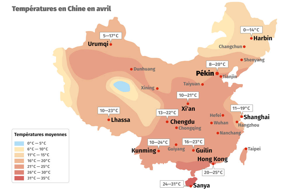 Carte des temp&eacute;ratures en Chine au printemps