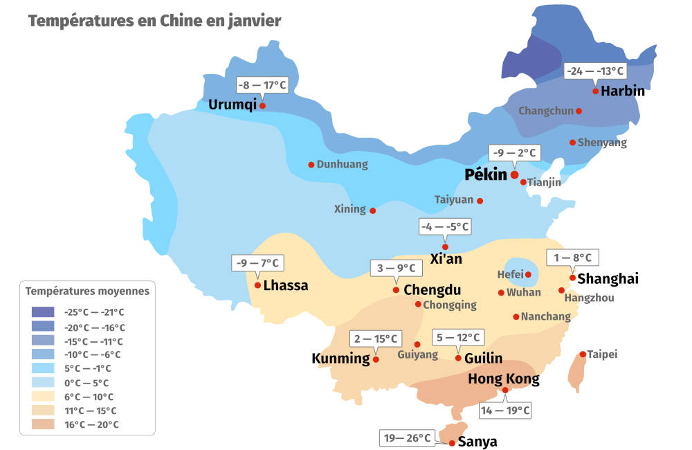 Carte des temp&eacute;ratures en Chine en hiver