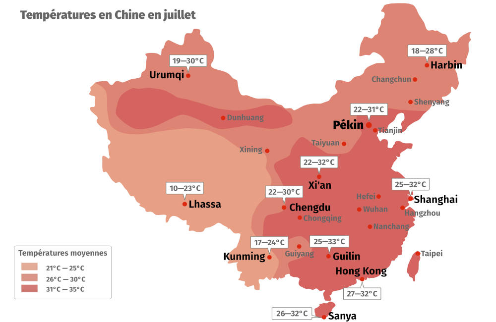 Carte des temp&eacute;ratures en Chine en &eacute;t&eacute;