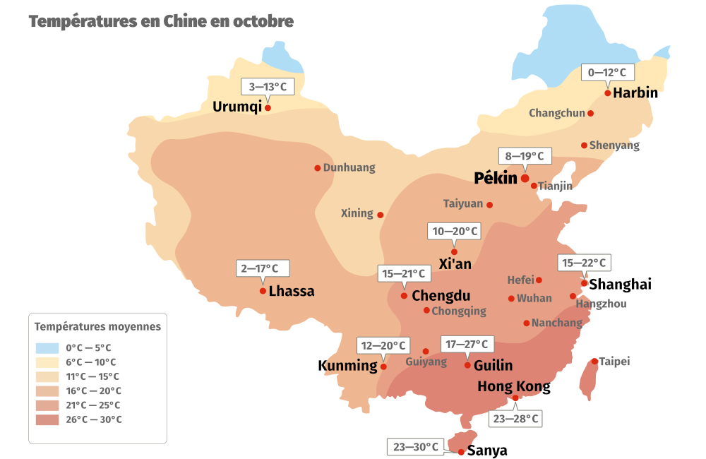 Carte des temp&eacute;ratures en Chine en automne