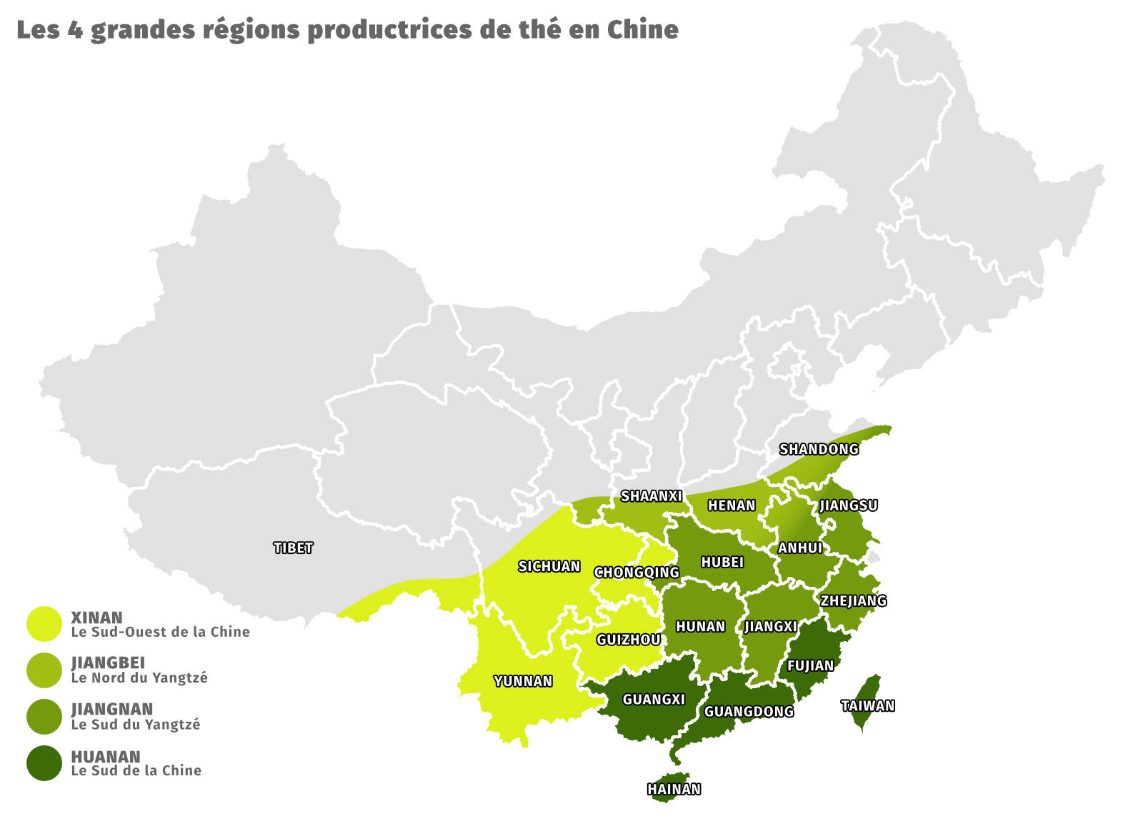 Carte des r&eacute;gion qui produisent du th&eacute; en Chine