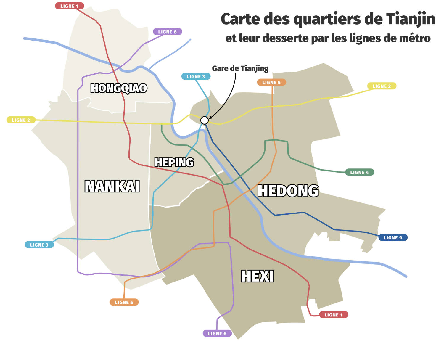 Carte des quartiers de Tianjin et leur desserte par les lignes de métro
