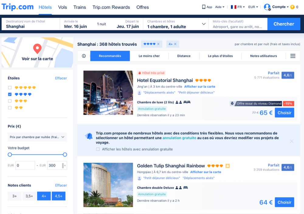 Comment r&eacute;server des nuits d'h&ocirc;tel avec le site trip.com