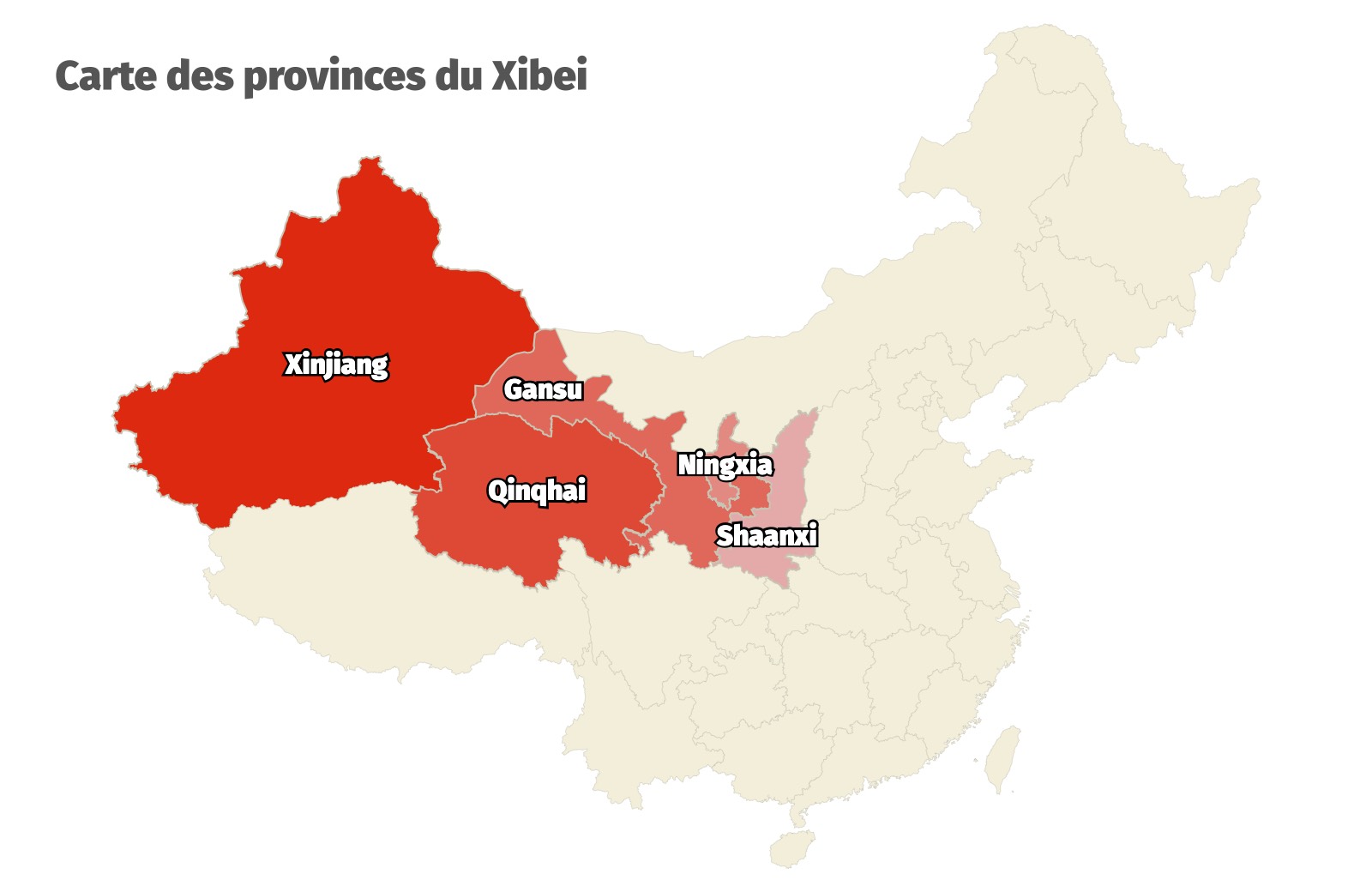 Carte des 5 provinces du Xibei, au Nord-Ouest de la Chine