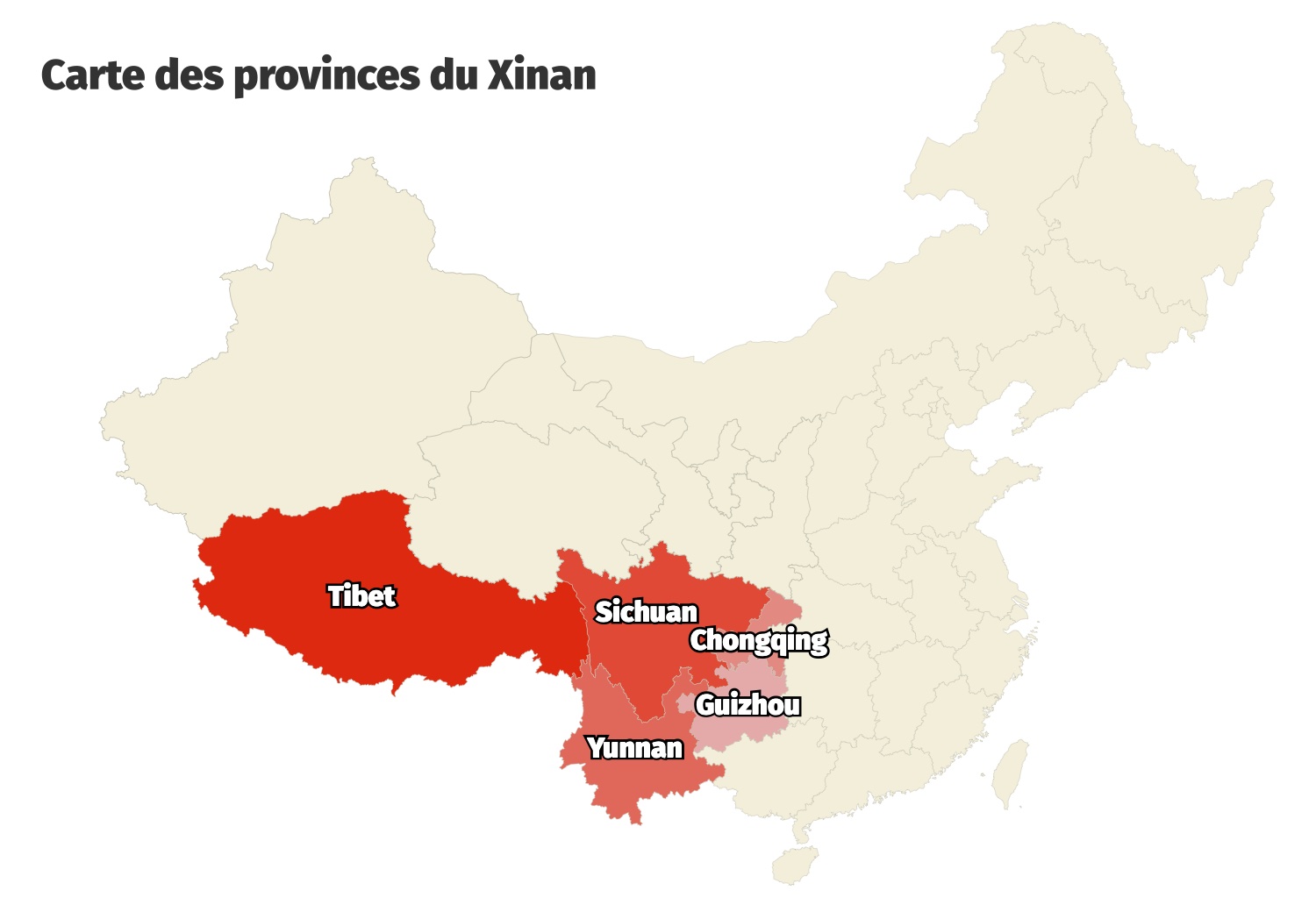 Carte des provinces formant la r&eacute;gion du Xinan, la Chine du Sud-Ouest